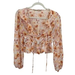 Coquette Floral Babydoll Blouse S Tie Waist Peplum Cottagecore Romantic Feminine